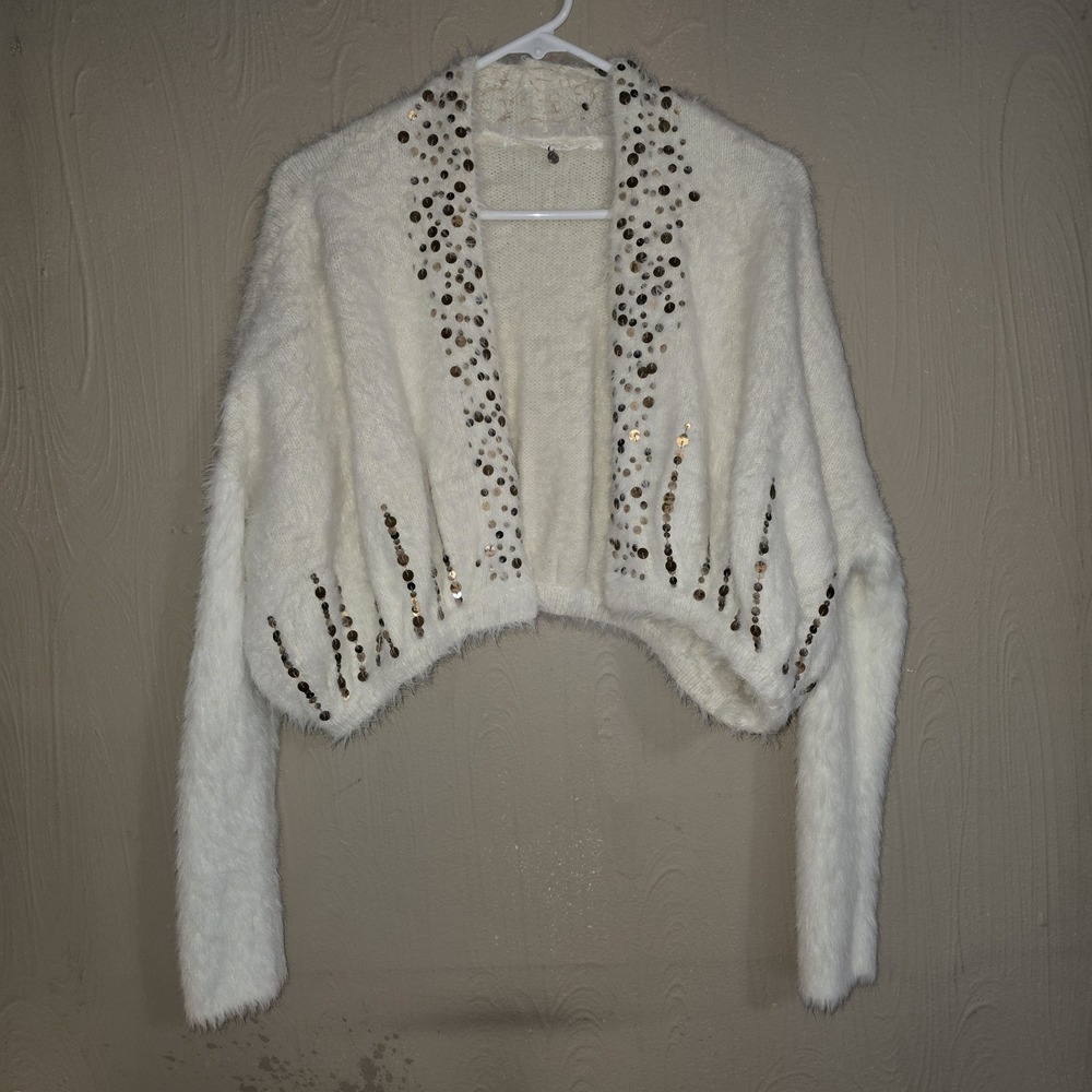 NWT Anthropologie Ivory Fuzzy Sequin Open Cardigan Cropped Eyelash Knit Med - Picture 1 of 9